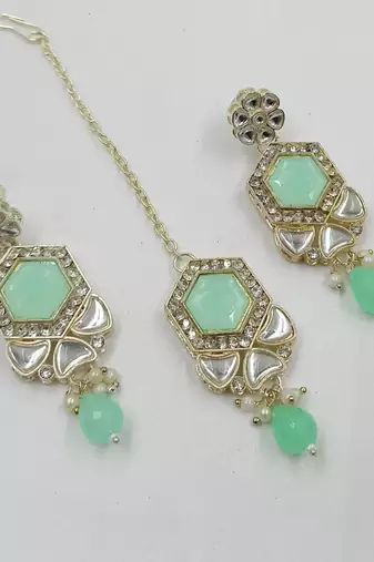 Pista color necklace set with earrings & maang tikka | kundan & agate stone | lekar gold plating