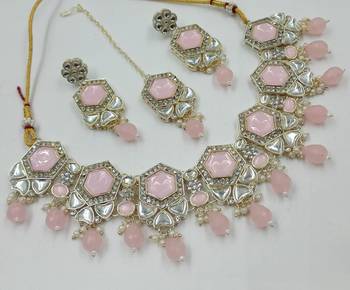 Pink color necklace set with earrings & maang tikka | kundan & agate stone | lekar gold plating 3