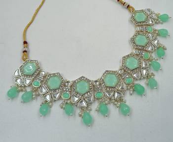 Pista color necklace set with earrings & maang tikka | kundan & agate stone | lekar gold plating 5