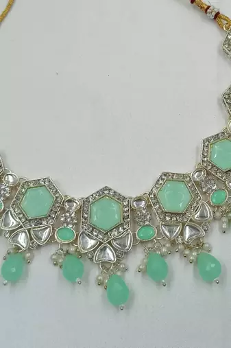 Pista color necklace set with earrings & maang tikka | kundan & agate stone | lekar gold plating
