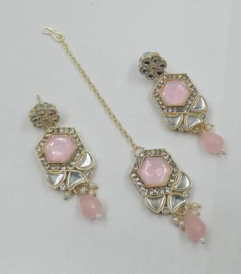 Pink color necklace set with earrings & maang tikka | kundan & agate stone | lekar gold plating 4