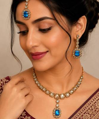 Firoza color necklace set with earrings & maang tikka | kundan and agate stone | antique gold plating 1