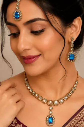 Firoza color necklace set with earrings & maang tikka | kundan and agate stone | antique gold plating