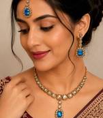 Firoza color necklace set with earrings & maang tikka | kundan and agate stone | antique gold plating