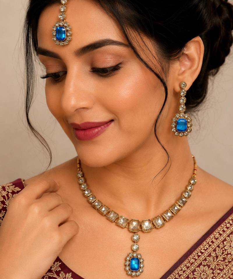 Firoza color necklace set with earrings & maang tikka | kundan and agate stone | antique gold plating