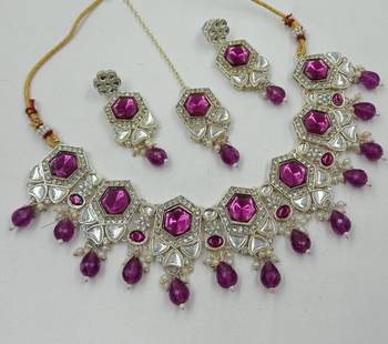 Purple color necklace set with earrings & maang tikka | kundan & agate stone | lekar gold plating 3