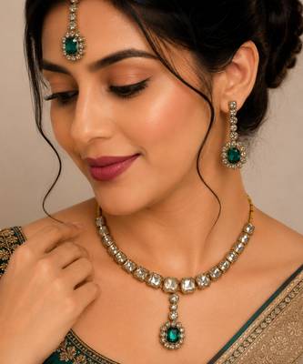 Green color necklace set with earrings & maang tikka | kundan and agate stone | antique gold plating 1