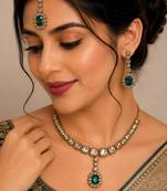 Green color necklace set with earrings & maang tikka | kundan and agate stone | antique gold plating