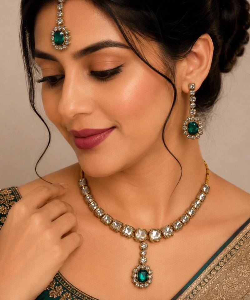 Green color necklace set with earrings & maang tikka | kundan and agate stone | antique gold plating