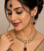 Maroon color necklace set with earrings & maang tikka | kundan and agate stone | antique gold plating