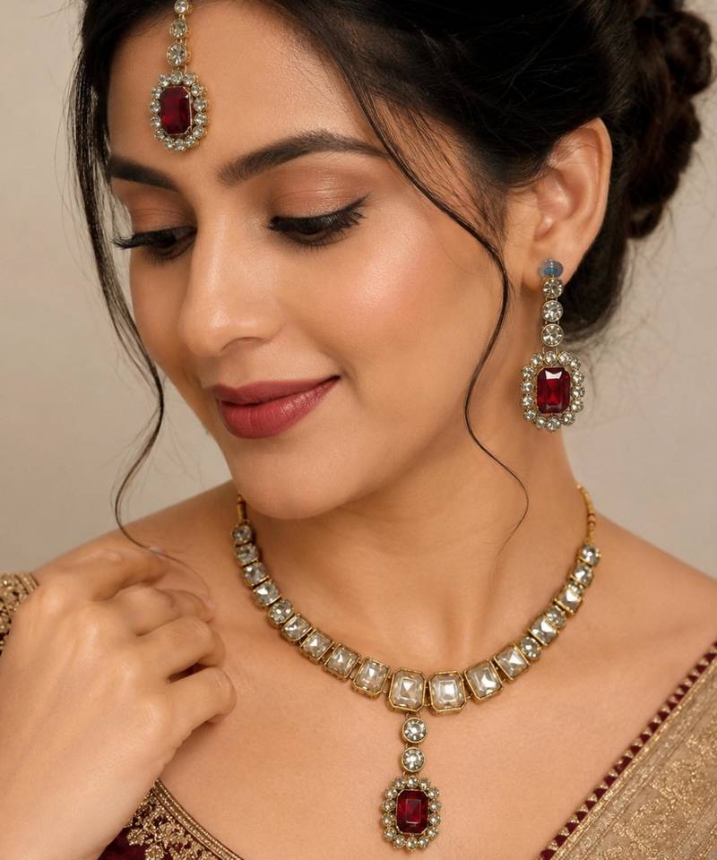 Maroon color necklace set with earrings & maang tikka | kundan and agate stone | antique gold plating