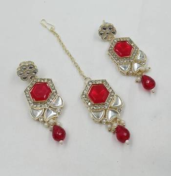 Red color necklace set with earrings & maang tikka | kundan & agate stone | lekar gold plating 4