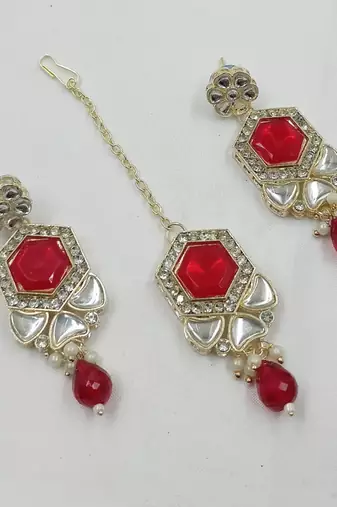 Red color necklace set with earrings & maang tikka | kundan & agate stone | lekar gold plating