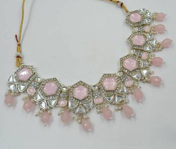Pink color necklace set with earrings & maang tikka | kundan & agate stone | lekar gold plating 5