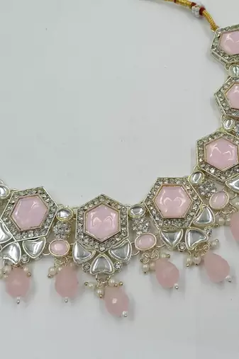 Pink color necklace set with earrings & maang tikka | kundan & agate stone | lekar gold plating