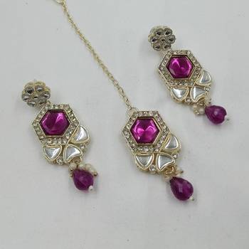 Purple color necklace set with earrings & maang tikka | kundan & agate stone | lekar gold plating 4