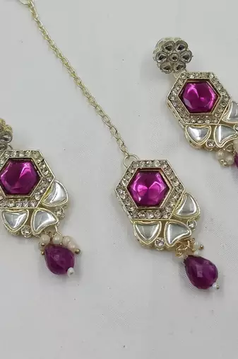 Purple color necklace set with earrings & maang tikka | kundan & agate stone | lekar gold plating