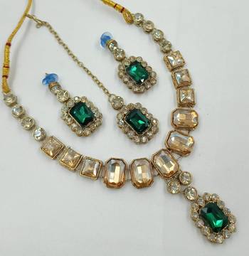 Green color necklace set with earrings & maang tikka | kundan and agate stone | antique gold plating 2