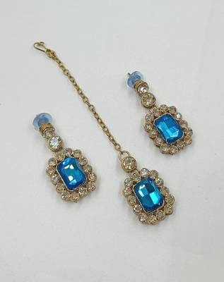 Firoza color necklace set with earrings & maang tikka | kundan and agate stone | antique gold plating 3