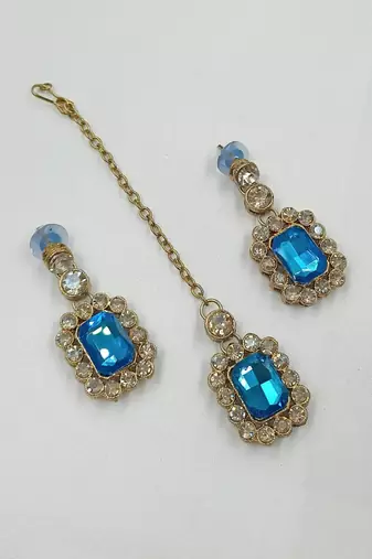 Firoza color necklace set with earrings & maang tikka | kundan and agate stone | antique gold plating