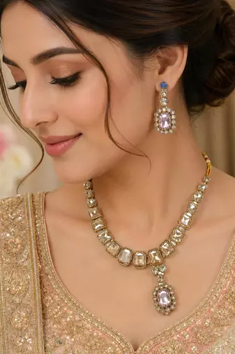 Baby pink color necklace set with earrings & maang tikka | kundan and agate stone | antique gold plating