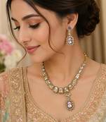 Baby pink color necklace set with earrings & maang tikka | kundan and agate stone | antique gold plating