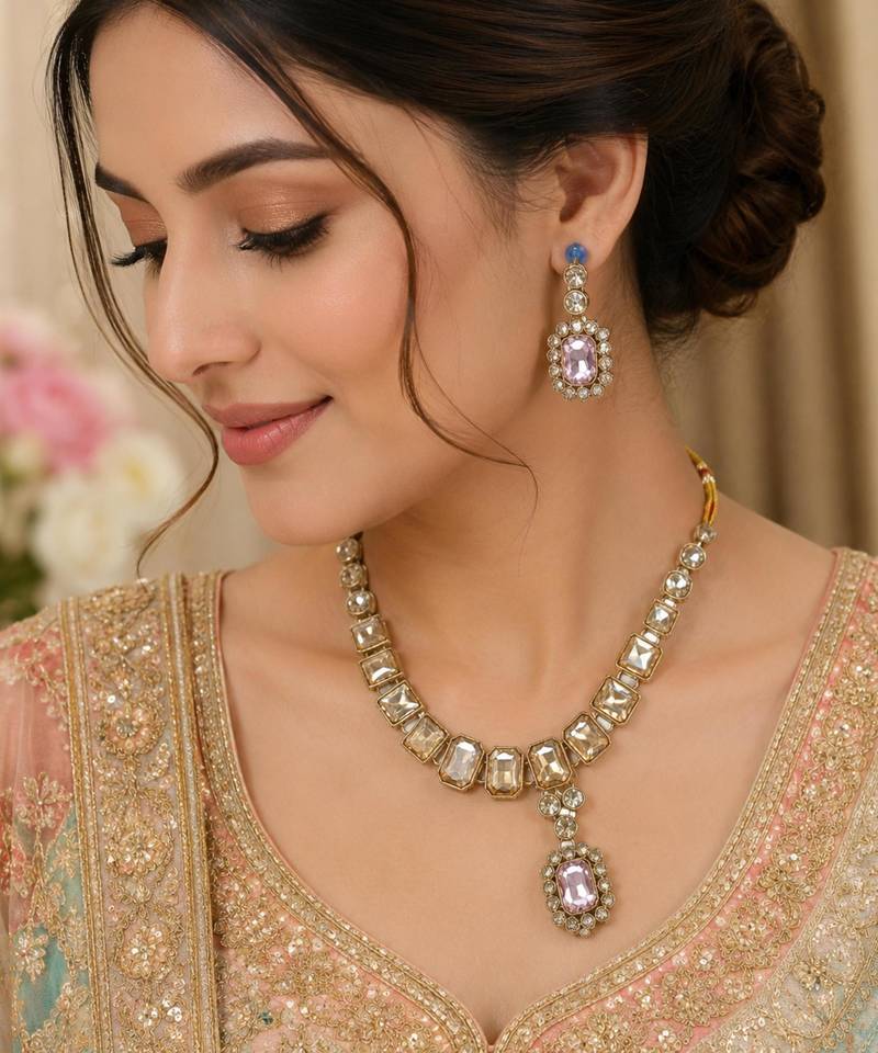Baby pink color necklace set with earrings & maang tikka | kundan and agate stone | antique gold plating