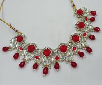 Red color necklace set with earrings & maang tikka | kundan & agate stone | lekar gold plating 5