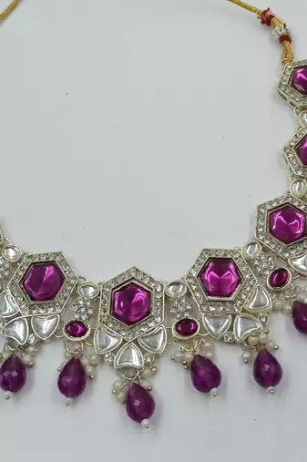 Purple color necklace set with earrings & maang tikka | kundan & agate stone | lekar gold plating