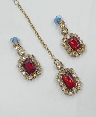 Maroon color necklace set with earrings & maang tikka | kundan and agate stone | antique gold plating 3