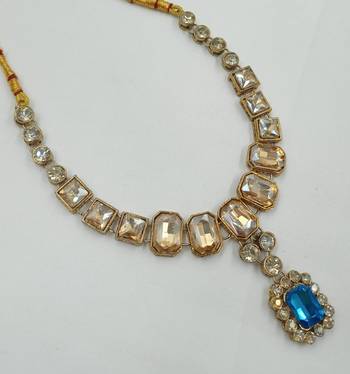 Firoza color necklace set with earrings & maang tikka | kundan and agate stone | antique gold plating 4