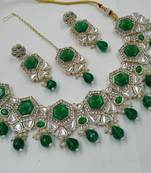 Green color necklace set with earrings & maang tikka | kundan & agate stone | lekar gold plating