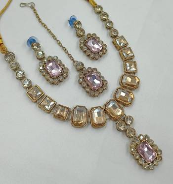 Baby pink color necklace set with earrings & maang tikka | kundan and agate stone | antique gold plating 2