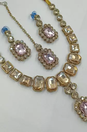 Baby pink color necklace set with earrings & maang tikka | kundan and agate stone | antique gold plating