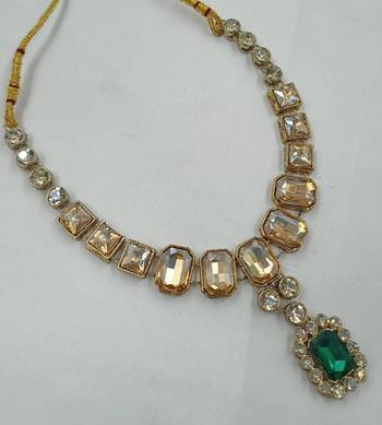 Green color necklace set with earrings & maang tikka | kundan and agate stone | antique gold plating 4