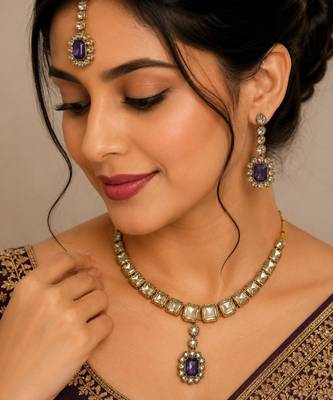 Purple color necklace set with earrings & maang tikka | kundan and agate stone | antique gold plating 1