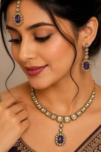 Purple color necklace set with earrings & maang tikka | kundan and agate stone | antique gold plating