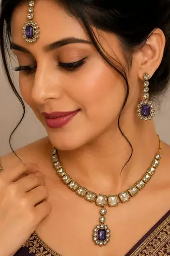 Purple color necklace set with earrings & maang tikka | kundan and agate stone | antique gold plating