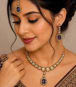 Purple color necklace set with earrings & maang tikka | kundan and agate stone | antique gold plating
