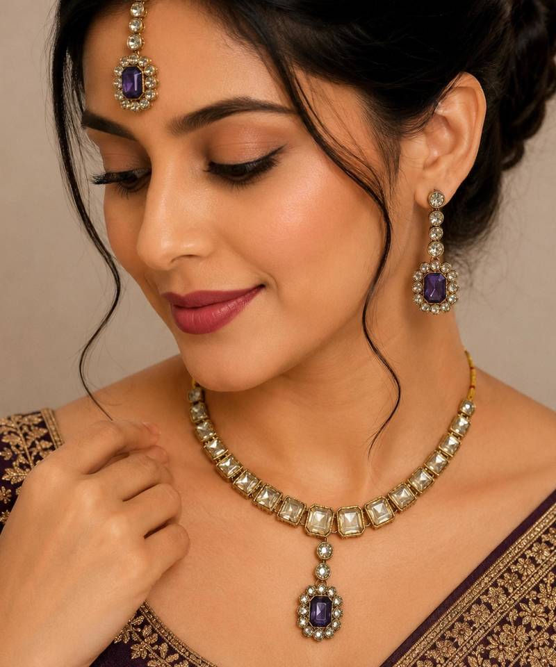 Purple color necklace set with earrings & maang tikka | kundan and agate stone | antique gold plating