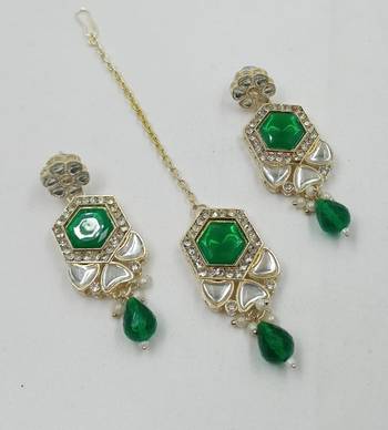 Green color necklace set with earrings & maang tikka | kundan & agate stone | lekar gold plating 3