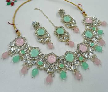 Pink pista color necklace set with earrings & maang tikka | kundan & agate stone | lekar gold plating 2