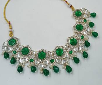 Green color necklace set with earrings & maang tikka | kundan & agate stone | lekar gold plating 4