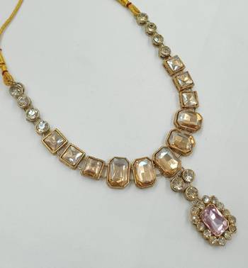 Baby pink color necklace set with earrings & maang tikka | kundan and agate stone | antique gold plating 3