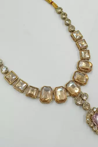 Baby pink color necklace set with earrings & maang tikka | kundan and agate stone | antique gold plating