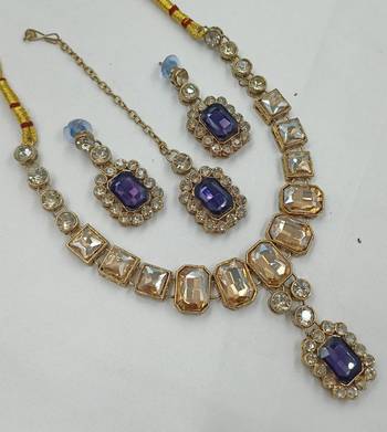Purple color necklace set with earrings & maang tikka | kundan and agate stone | antique gold plating 2