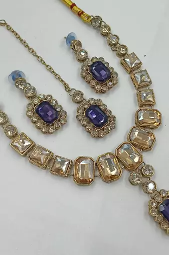 Purple color necklace set with earrings & maang tikka | kundan and agate stone | antique gold plating