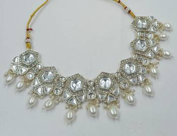 White color necklace set with earrings & maang tikka | kundan & agate stone | lekar gold plating 5