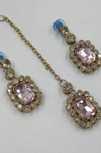 Baby pink color necklace set with earrings & maang tikka | kundan and agate stone | antique gold plating