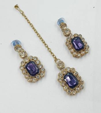 Purple color necklace set with earrings & maang tikka | kundan and agate stone | antique gold plating 3